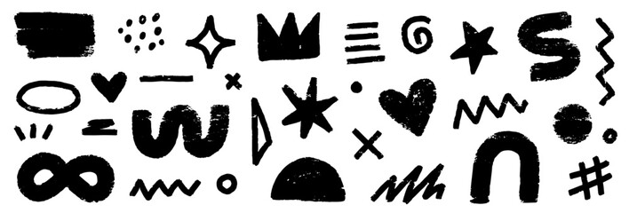 Aufkleber - Abstract doodle brush shape paint. Grunge graphic modern abstract collage element. Doodle geometric collage star, crown, heart shape. Hand drawn texture grunge spray brush effect. Vector illustration