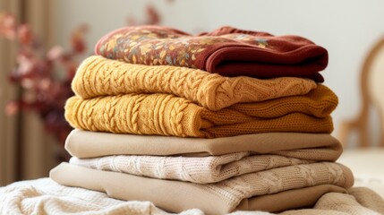 Wall Mural - Stack of sweaters in warm tones AI generated