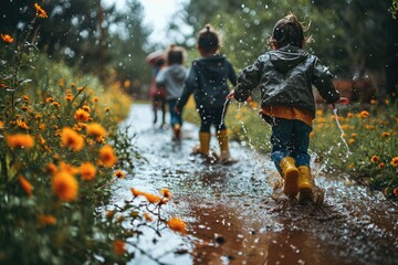 a group of children are seen playing in nature, wearing rain boots and waterproof clothing, jumping 