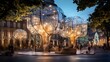 an enchanting portrayal of a city square adorned with art installations inspired by nature