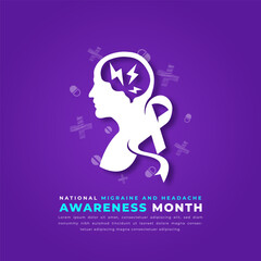 Wall Mural - National Migraine and Headache Awareness Month Paper cut style Vector Design Illustration for Background, Poster, Banner, Advertising, Greeting Card