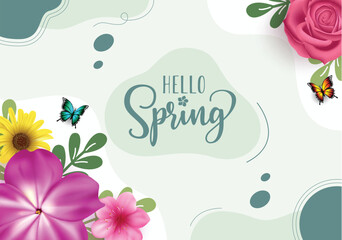 Wall Mural - hello spring greeting vector design. spring season greeting card with blooming daisy, cherry blossom