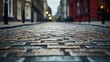 Cobblestone street in London, UK. Blurred background