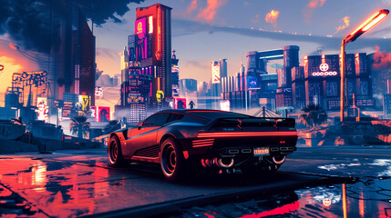 futuristic cityscape at twilight with neon signage and a sports car in the foreground. futuristic su
