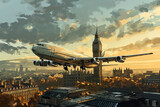 Fototapeta Big Ben - Airplane above Big Ben in London UK, cartoon illustration, travel Europe, scenic, relocation