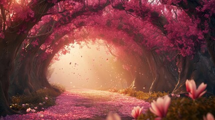 Canvas Print - Pink tree and flowers blossom and falling at the garden tunnel on morning with sunlight. 