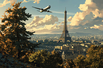 Wall Mural - Airplane above Eiffel tower in Paris, cartoon illustration, travel Europe, scenic, relocation