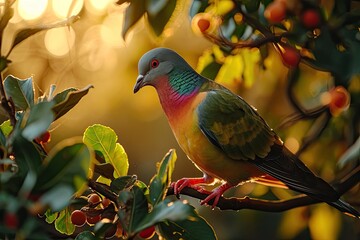 Wall Mural - Portrait Pink-necked Green Pigeon on the branch with leaf AI Generative