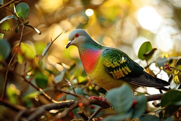 Portrait Pink-necked Green Pigeon on the branch with leaf AI Generative