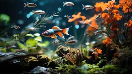 Aquascape with live plants and Rasbora Espei and Diamond Tetra fish in one