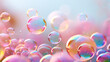 A cluster of vibrant soap bubbles with reflections creating pink and blue hues, giving a sense of joy and playfulness.