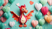 Dragon Decorated With Colorful And Cute Balloons And Flowers On Light Blue Background