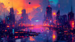 Dusk Descends Over a Neon-Soaked Futuristic Metropolis by the Tranquil Waterfront