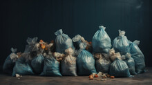 Multiple Blue Garbage Bags Piled Up, Filled With Assorted Waste Materials, Showcasing A Concept Of Waste Management.