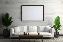 Minimalist Wall Art Mockup, Elegant Dark Brown Frame On Gray Wall, White Sofa, And Decorative Plants