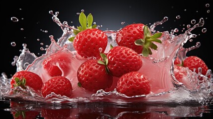 strawberry fruit with water splash on black background