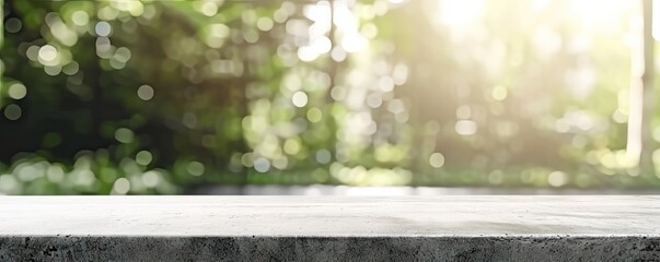 Rustic elegance in nature. Empty stone table in beautiful garden providing stunning background for design and display perfect for summer relaxation