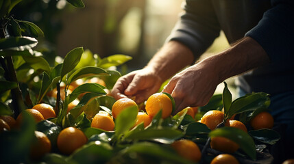 person picking apricots in garden