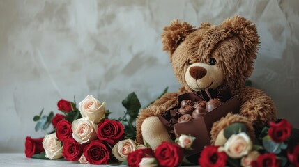 Sticker -  a  bear sitting next to a bunch of roses and a box of chocolates with a bouquet of red and white roses.