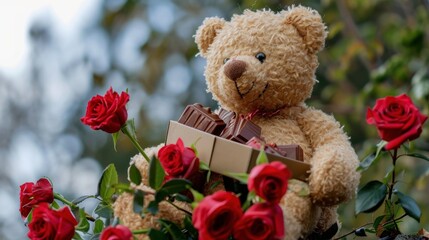 Sticker -  a  bear sitting on top of a bouquet of roses with a box of chocolates in front of it. 