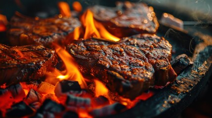 Canvas Print -  a close up of a grill with steaks cooking on it's side and flames coming out of the grill.