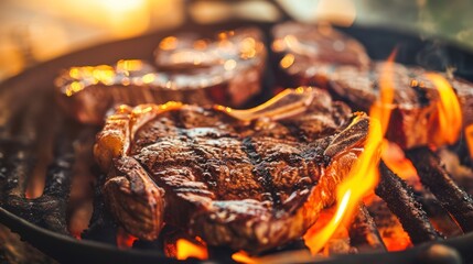 Canvas Print -  a close up of a steak on a grill with a lot of flames coming out of the top of it.