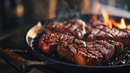 Canvas Print -  steaks cooking on a grill in a skillet with tongs and a spatula on the side of the grill.