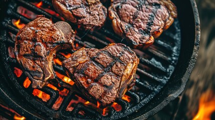 Canvas Print -  steaks and hamburgers cooking on a grill in a cast iron pan on an open flamed outdoor grill.