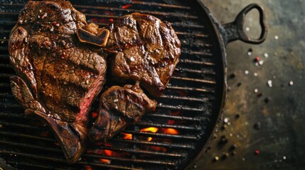 Canvas Print -  two steaks cooking on top of a bbq grill with a spatula on the side of the grill.