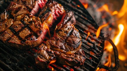 Canvas Print -  a close up of steaks on a grill with a fire in the background and flames in the foreground.