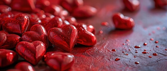 Poster -  a group of red hearts sitting on top of a red table covered in drops of water on top of a black surface.