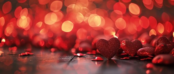 Canvas Print -  a group of red hearts sitting on top of a table next to a wall of red and pink lights in the background.