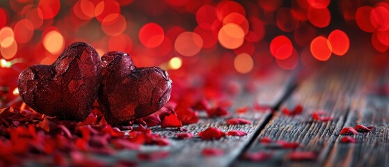 Canvas Print -  a couple of hearts sitting on top of a wooden table next to a red boke of lights in the background.