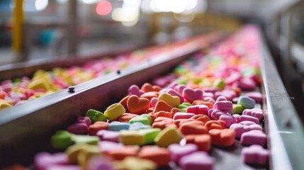 Sticker -  a conveyor belt filled with lots of heart shaped candies on top of a conveyor belt in a store.