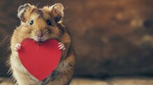  A Brown And White Hamster Holding A Red Heart Shaped Piece Of Paper In Front Of A Brown Stone Wall.