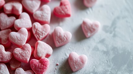 Poster -  a pile of pink and white heart shaped candies on top of a piece of white paper next to a pile of pink and white heart shaped candies.