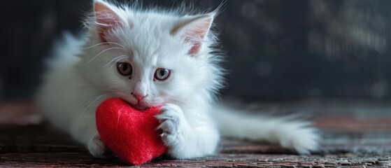 Wall Mural -  a white kitten holding a red heart on a wooden floor in front of a black background with a blurry background.