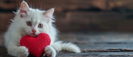 Wall Mural -  a white cat with blue eyes holding a red heart in it's paws and looking at the camera with a serious look on its face.