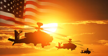 USA Army And Nation Flag On Sunset Background. Veterans Day , Memorial Day, Independence Day . America Celebration.3d Illustration.
