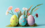 Fototapeta Mapy - Colourful Easter eggs with flowers on pastel colour background. Easter Day concept. Generative Ai.