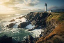 A Stunning Image Of A Lighthouse Perched On A Cliff, With The Vast Ocean Stretching Out Beyond., A Rugged Coastline With Lighthouse Perched At The Edge Of A Cliff, AI Generated