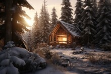 A Picturesque Cabin Rests In The Midst Of A Snow-covered Forest, Offering Peace And Tranquility., A Rustic Wooden Cabin Tucked Away In A Snowy Forest, AI Generated