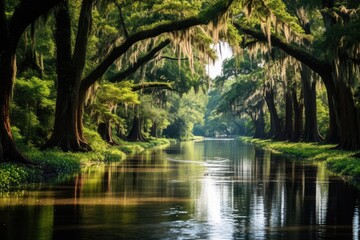 Wall Mural - A tranquil river winds its way through a picturesque landscape adorned with towering trees draped in Spanish moss., A serene bayou with Spanish moss hanging from the cypress trees, AI Generated