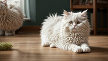 Playful Antics Of A White Persian Cat As It Engages In Various Activities On The Floor Emphasize The Joy And Energy Of The Cat's Play While Maintaining A Solid Color Background To Accentuate Its Fluff
