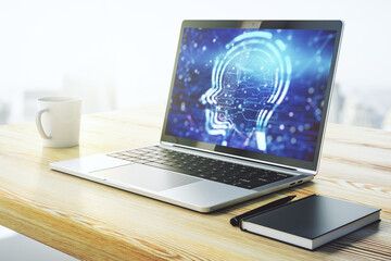 Sticker - Creative artificial Intelligence concept with human head hologram on modern laptop screen. 3D Rendering