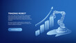 © Vladimir Kazakov - Polygonal shiny Trading Robot isometric concept with chart and upward arrow and copy space on dark blue background. Automatic bot trading banner or trading web page template. Vector.