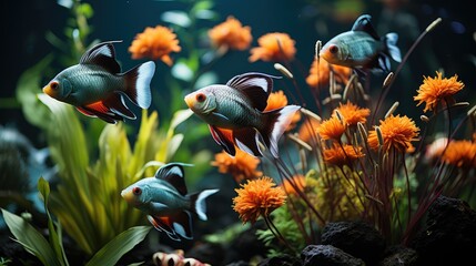 Canvas Print - aquascape with colorful plants and flocks of Altum angelfish, Leopold angelfish and Peruvian Altum