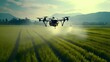 Drone sprayer flies over the wheat field. Smart farming and precision agriculture