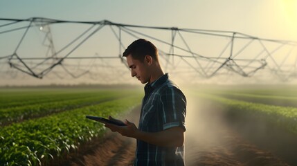 Young handsome farmer with tablet standing in wheat field at sunset with irrigation system