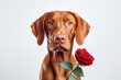 Charming red-haired vizsla dog with eyes closed holds a red rose in his mouth as a gift for Valentines Day on a white background.